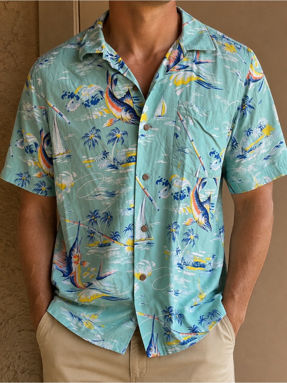 Polo Ralph Lauren Seafoam Green Tropical Sailfish Print Camp Shirt